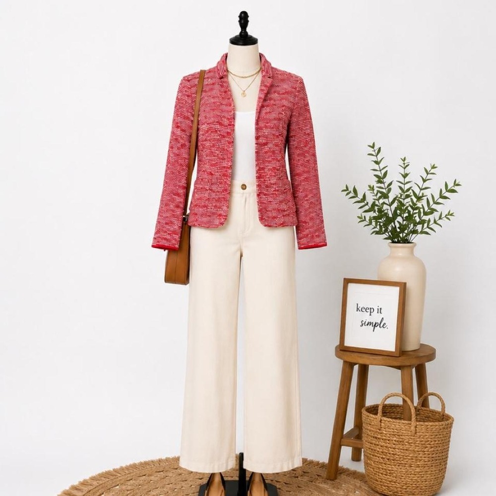 Talbots Petites Red White Textured Knit Blazer Jacket Women's 12P